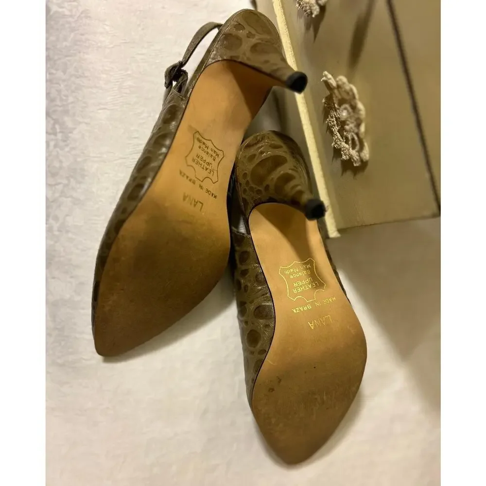 Vtg Taupe Leather Faux Croc design Sling Back Heels, Lana, Made in Brazil, SZ 7